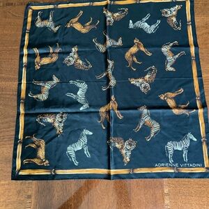 Adrienne Vittadini Black Animal Print Silk Scarf 20“ x 20“ zebra tigers leopard